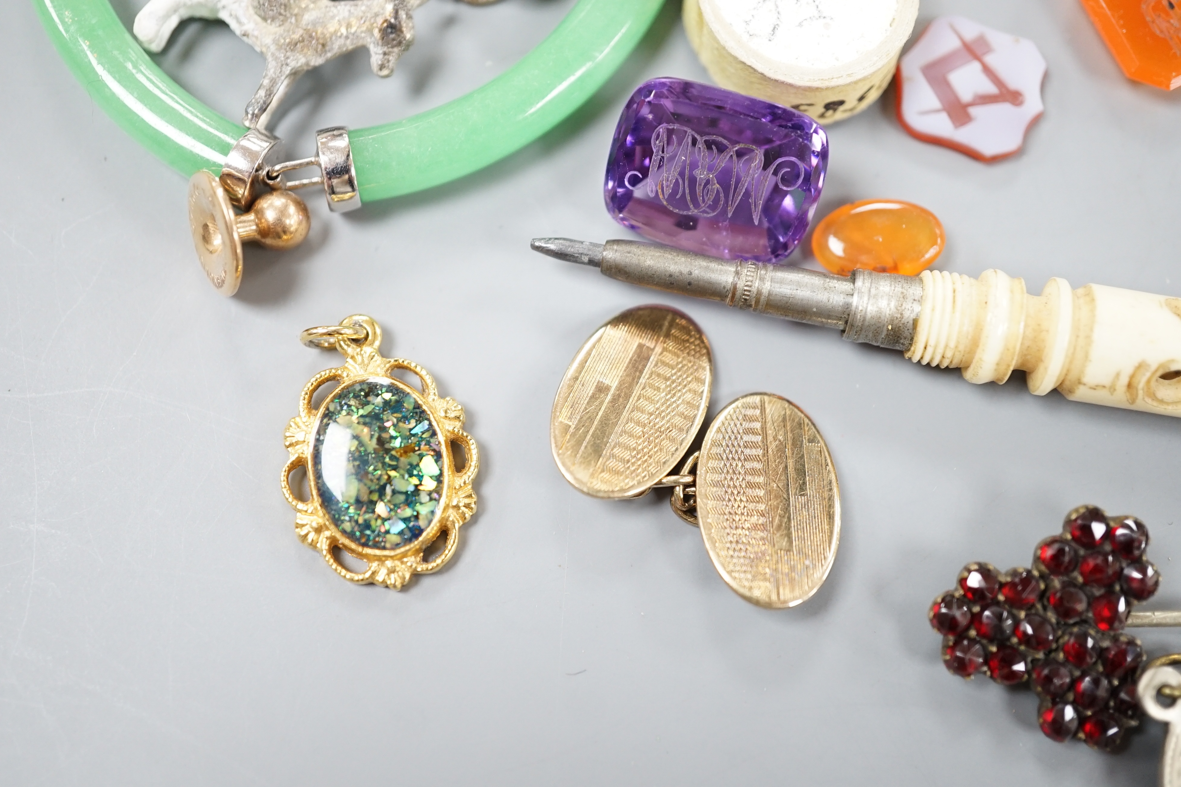 An amethyst pendant on gold chain and other gold and silver jewellery etc.